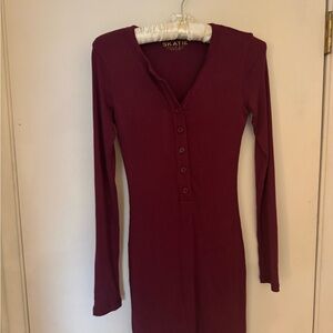 Skatie Red V-Neck Long Sleeve Bodycon Mini Dress
